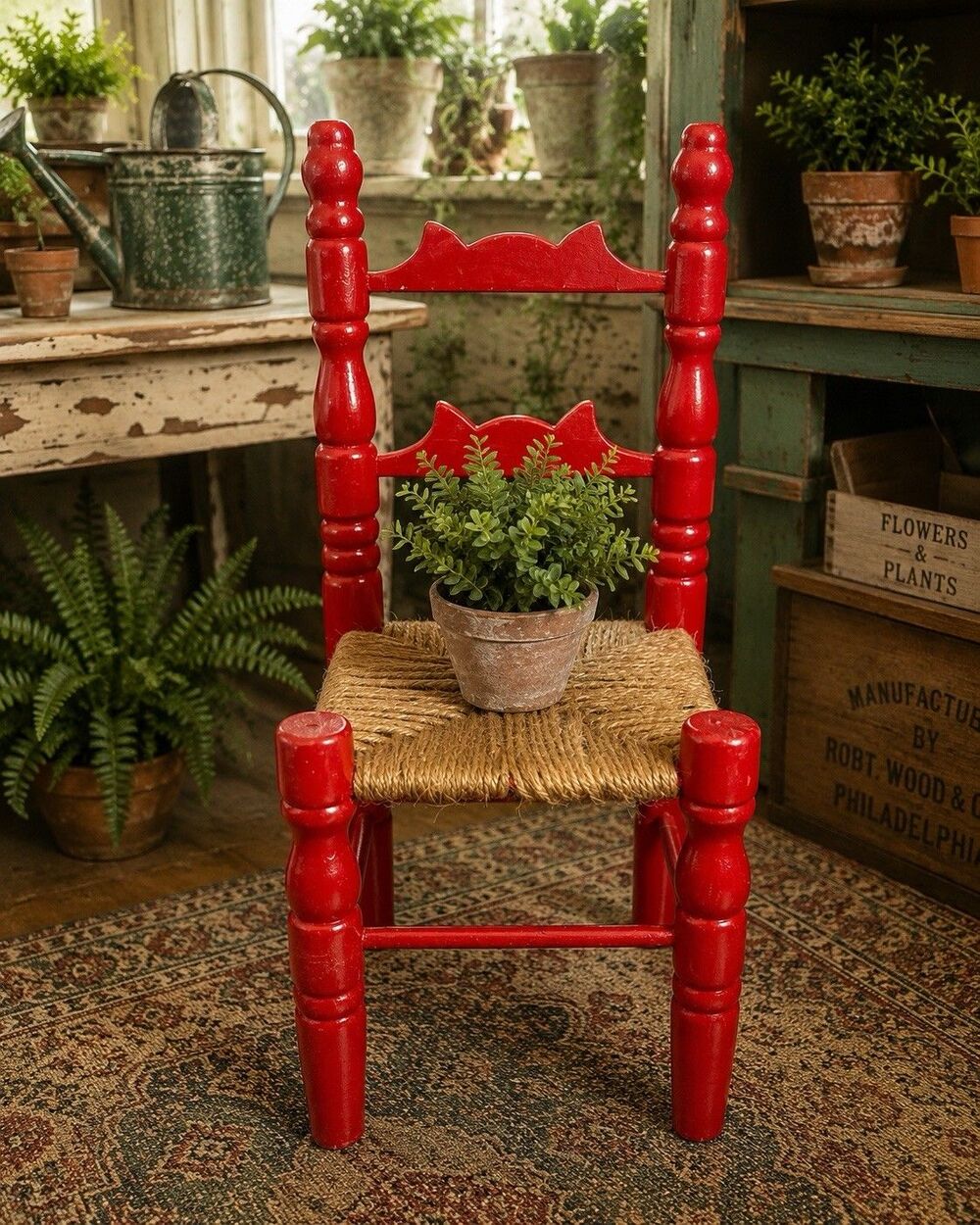 Vintage Miniature Red Wood Doll Chair Rush Seat 12” Plant Stand Display Decor